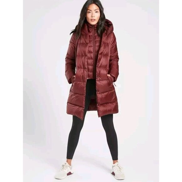 Athleta Lofty Goose Down Hooded Maple Burgundy Red Puffer Coat Zip Snap XS - Picture 1 of 16